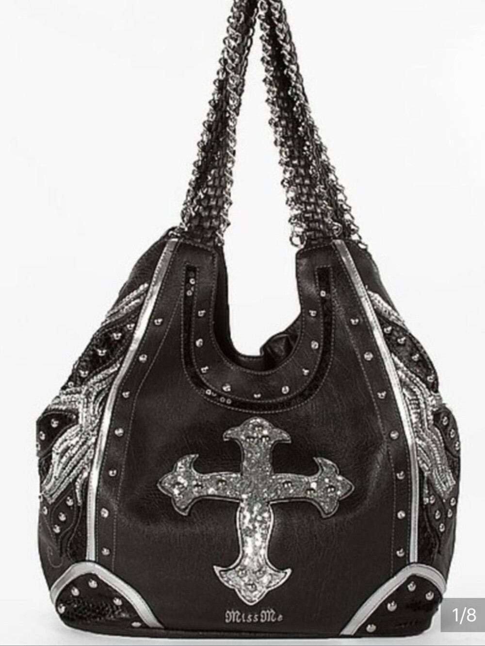 Miss Me Black Faux Leather Cross Sequin Hobo Bag